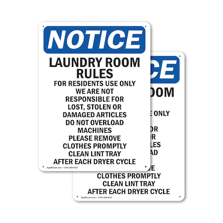 Signmission Laundry Room Rules For Residents, 7 in W x Rectangle, Plastic OS-2PACK-NS-P-710-V-13982